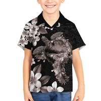 Hawaiian Lei Day Hawaiian Shirt Plumeria and Turtle with Polynesian Tribal Pattern Grayscale Color