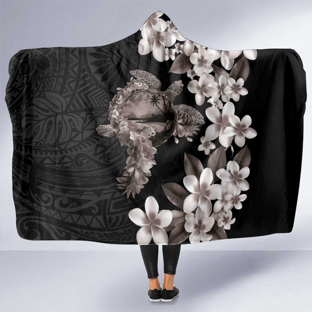 Hawaiian Lei Day Hooded Blanket Plumeria and Turtle with Polynesian Tribal Pattern Grayscale Color