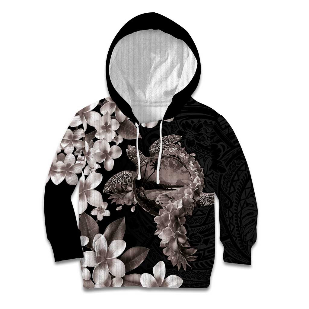 Hawaiian Lei Day Kid Hoodie Plumeria and Turtle with Polynesian Tribal Pattern Grayscale Color