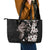 Hawaiian Lei Day Leather Tote Bag Plumeria and Turtle with Polynesian Tribal Pattern Grayscale Color