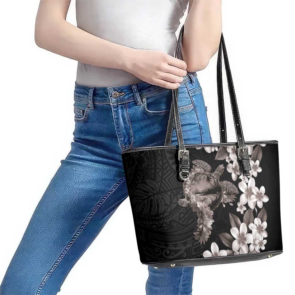 Hawaiian Lei Day Leather Tote Bag Plumeria and Turtle with Polynesian Tribal Pattern Grayscale Color