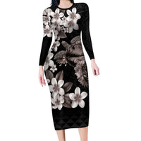 Hawaiian Lei Day Long Sleeve Bodycon Dress Plumeria and Turtle with Polynesian Tribal Pattern Grayscale Color