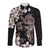 Hawaiian Lei Day Long Sleeve Button Shirt Plumeria and Turtle with Polynesian Tribal Pattern Grayscale Color