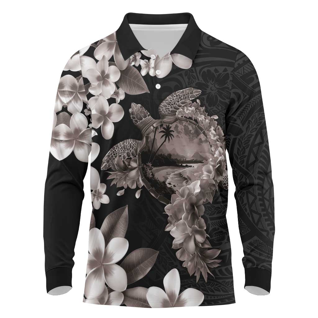 Hawaiian Lei Day Long Sleeve Polo Shirt Plumeria and Turtle with Polynesian Tribal Pattern Grayscale Color