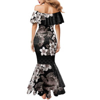 Hawaiian Lei Day Mermaid Dress Plumeria and Turtle with Polynesian Tribal Pattern Grayscale Color