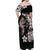 Hawaiian Lei Day Off Shoulder Maxi Dress Plumeria and Turtle with Polynesian Tribal Pattern Grayscale Color