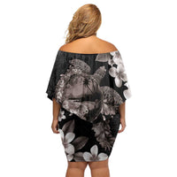 Hawaiian Lei Day Off Shoulder Short Dress Plumeria and Turtle with Polynesian Tribal Pattern Grayscale Color LT03 - Polynesian Pride