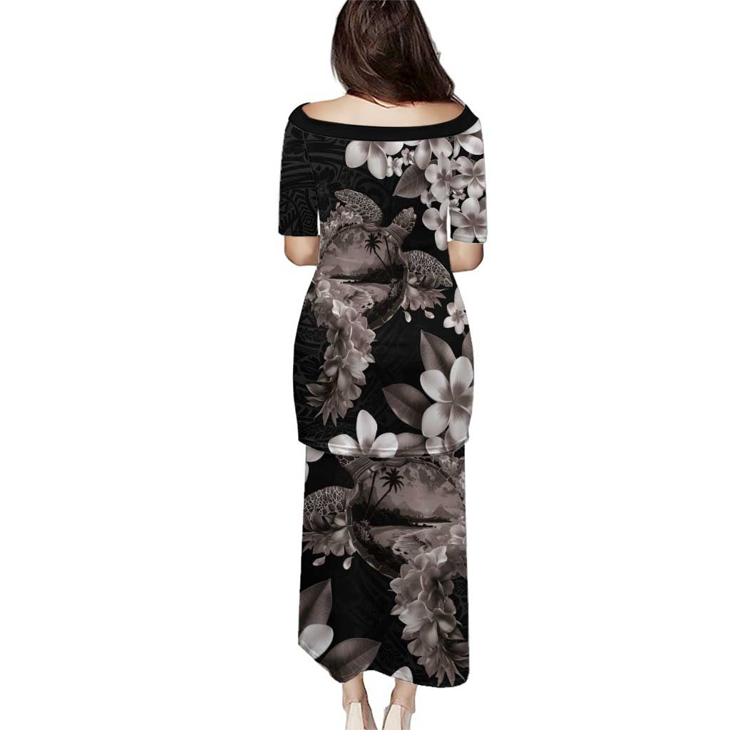 Hawaiian Lei Day Puletasi Plumeria and Turtle with Polynesian Tribal Pattern Grayscale Color