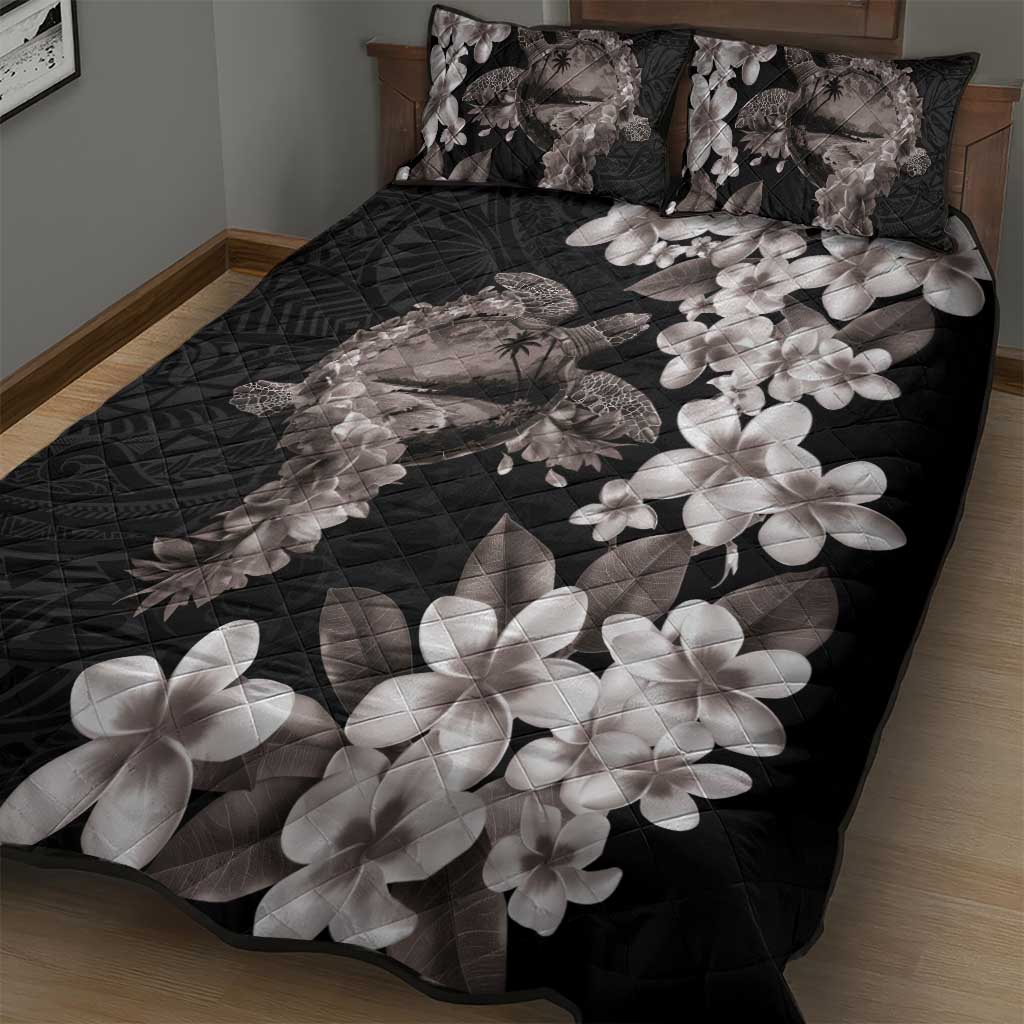 Hawaiian Lei Day Quilt Bed Set Plumeria and Turtle with Polynesian Tribal Pattern Grayscale Color