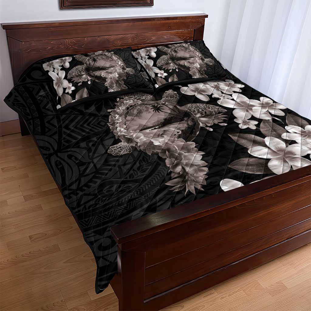 Hawaiian Lei Day Quilt Bed Set Plumeria and Turtle with Polynesian Tribal Pattern Grayscale Color