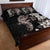 Hawaiian Lei Day Quilt Bed Set Plumeria and Turtle with Polynesian Tribal Pattern Grayscale Color