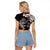 Hawaiian Lei Day Raglan Cropped T Shirt Plumeria and Turtle with Polynesian Tribal Pattern Grayscale Color