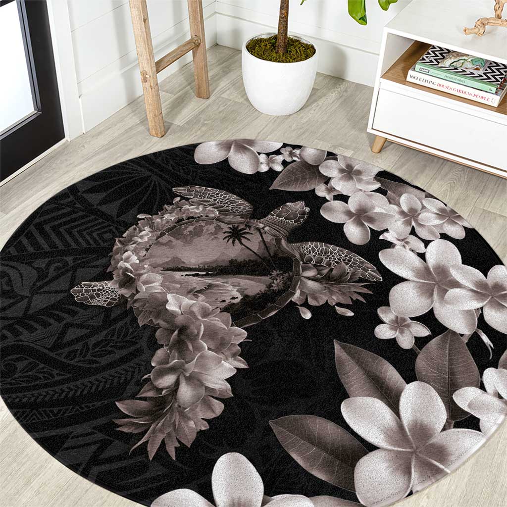 Hawaiian Lei Day Round Carpet Plumeria and Turtle with Polynesian Tribal Pattern Grayscale Color