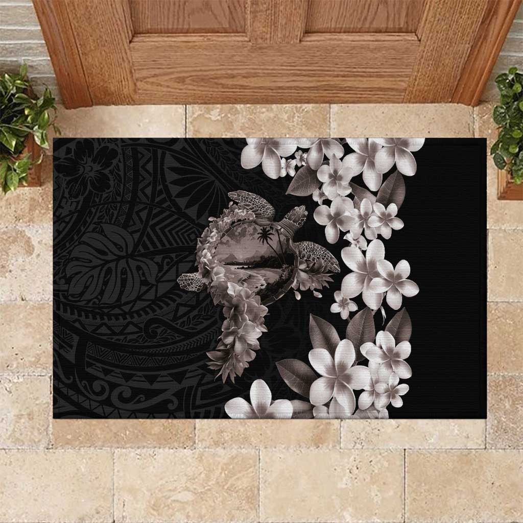 Hawaiian Lei Day Rubber Doormat Plumeria and Turtle with Polynesian Tribal Pattern Grayscale Color