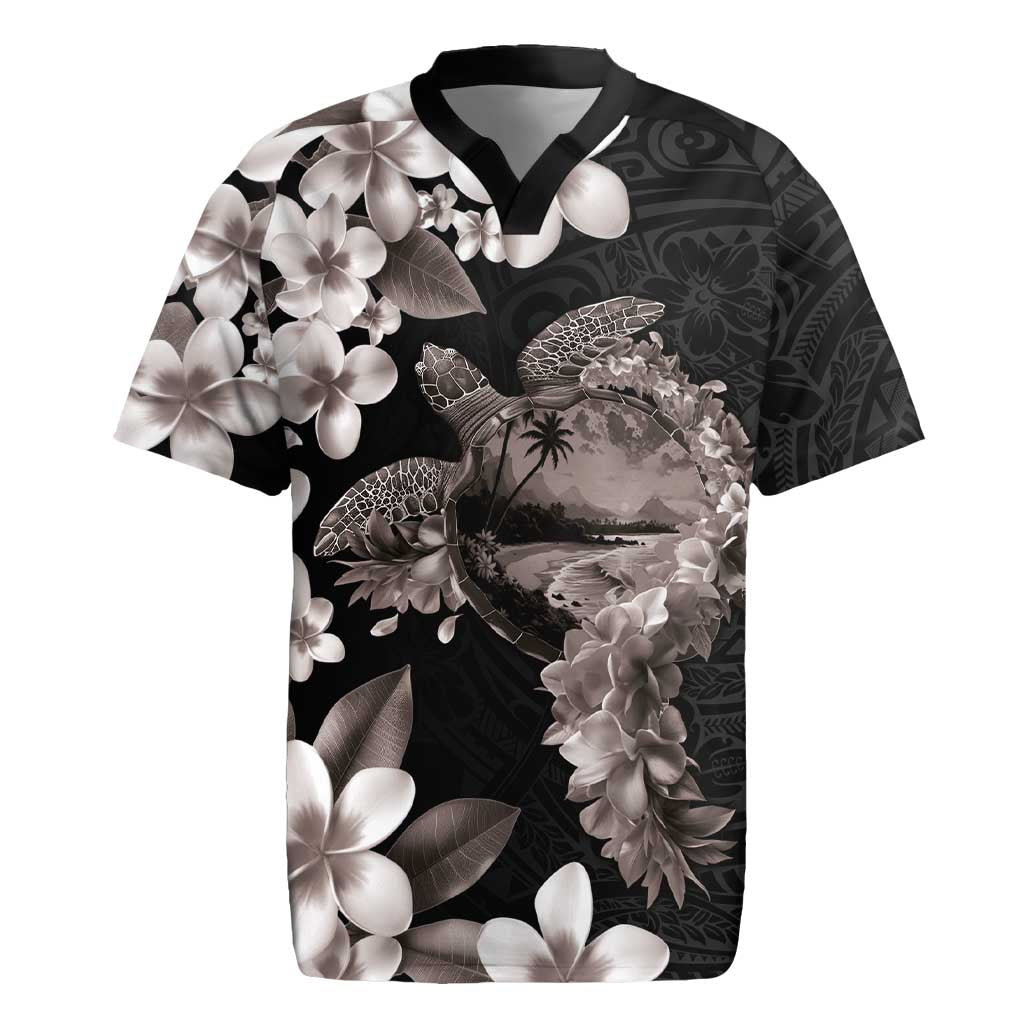 Hawaiian Lei Day Rugby Jersey Plumeria and Turtle with Polynesian Tribal Pattern Grayscale Color