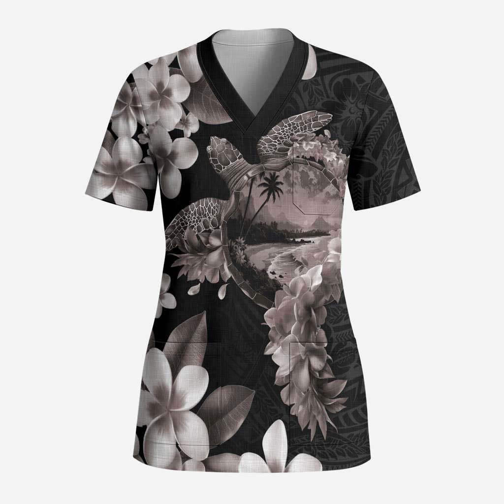 Hawaiian Lei Day Scrub Top Plumeria and Turtle with Polynesian Tribal Pattern Grayscale Color LT03 Adult Black - Polynesian Pride