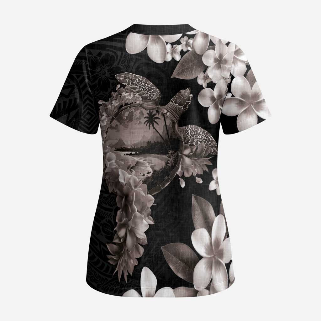 Hawaiian Lei Day Scrub Top Plumeria and Turtle with Polynesian Tribal Pattern Grayscale Color LT03 - Polynesian Pride