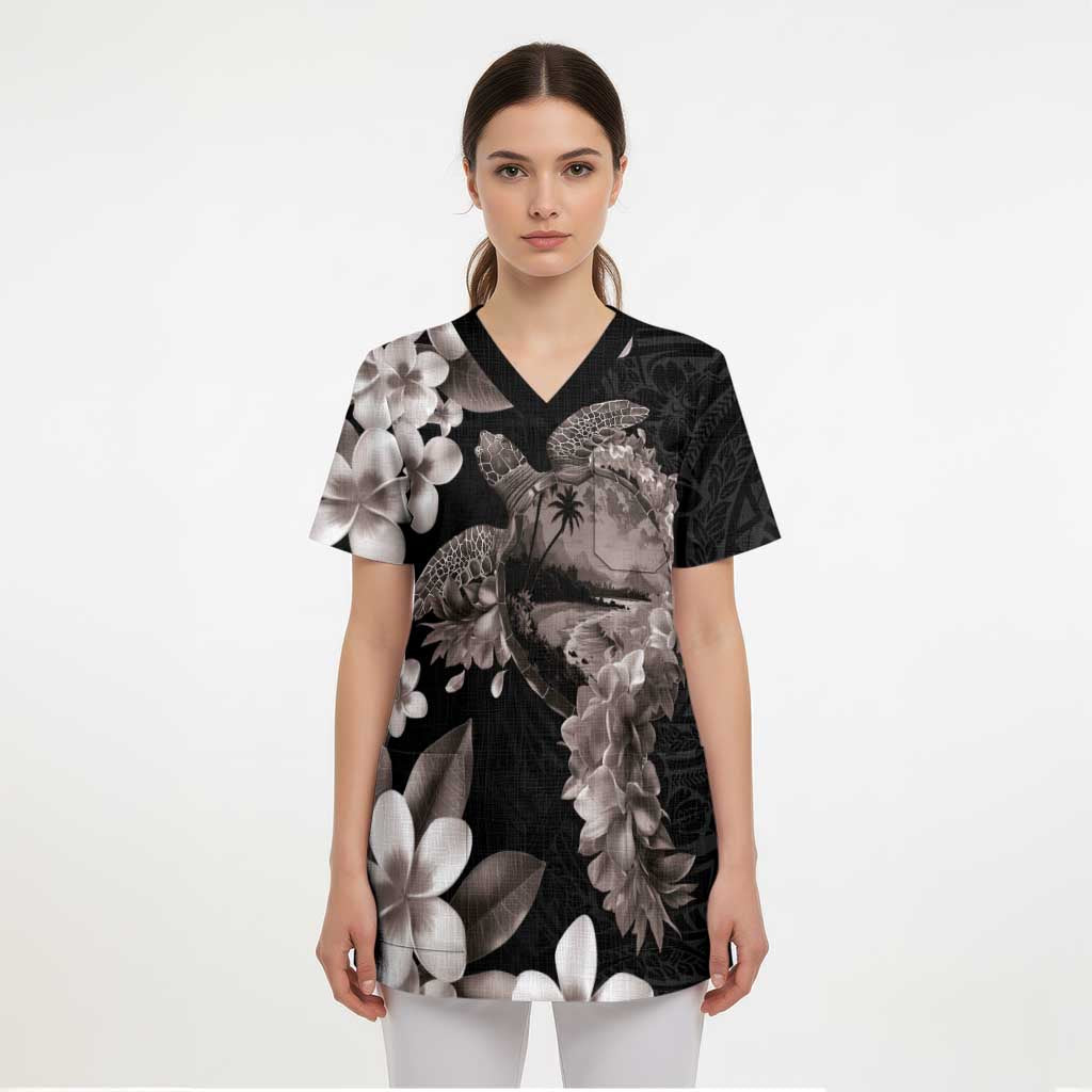 Hawaiian Lei Day Scrub Top Plumeria and Turtle with Polynesian Tribal Pattern Grayscale Color LT03 - Polynesian Pride