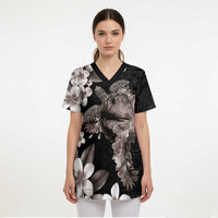 Hawaiian Lei Day Scrub Top Plumeria and Turtle with Polynesian Tribal Pattern Grayscale Color LT03 - Polynesian Pride