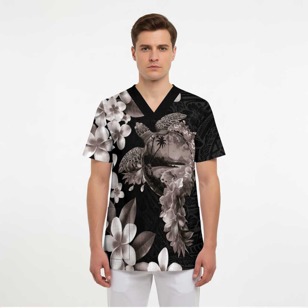 Hawaiian Lei Day Scrub Top Plumeria and Turtle with Polynesian Tribal Pattern Grayscale Color LT03 - Polynesian Pride