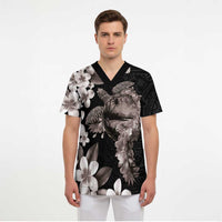 Hawaiian Lei Day Scrub Top Plumeria and Turtle with Polynesian Tribal Pattern Grayscale Color LT03 - Polynesian Pride
