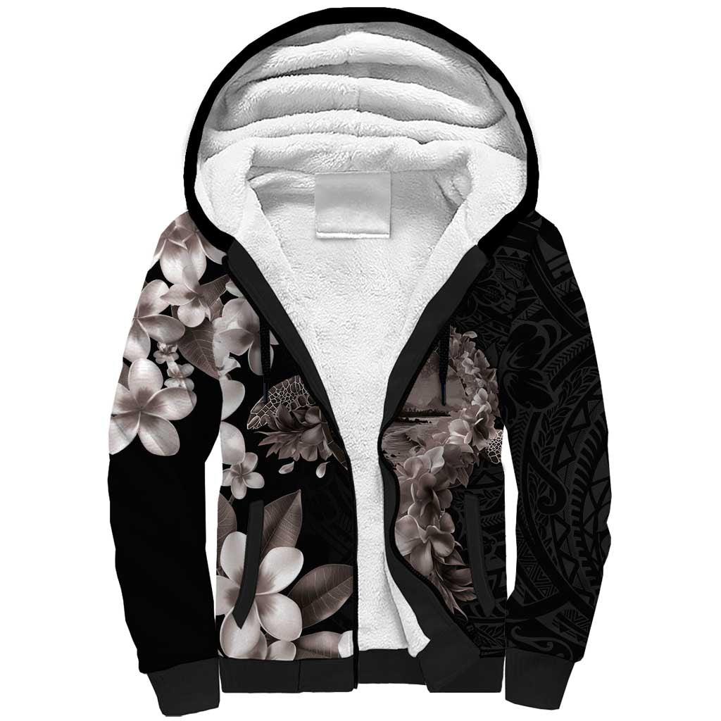 Hawaiian Lei Day Sherpa Hoodie Plumeria and Turtle with Polynesian Tribal Pattern Grayscale Color