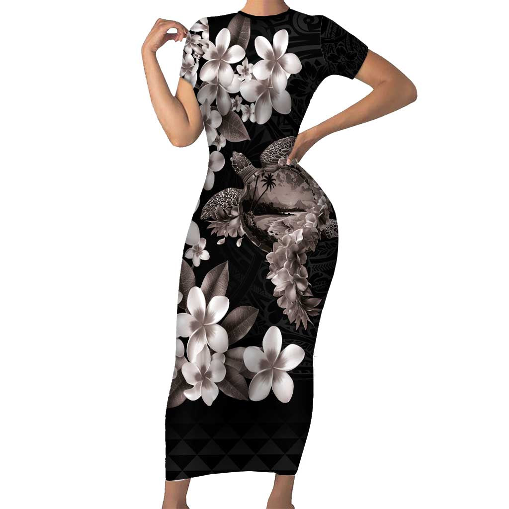 Hawaiian Lei Day Short Sleeve Bodycon Dress Plumeria and Turtle with Polynesian Tribal Pattern Grayscale Color