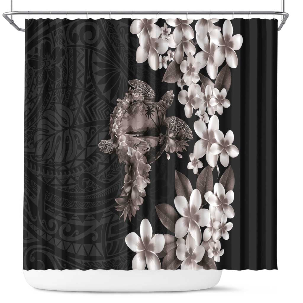 Hawaiian Lei Day Shower Curtain Plumeria and Turtle with Polynesian Tribal Pattern Grayscale Color