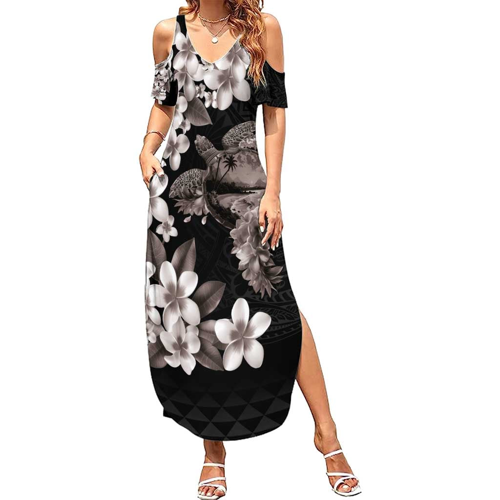 Hawaiian Lei Day Summer Maxi Dress Plumeria and Turtle with Polynesian Tribal Pattern Grayscale Color