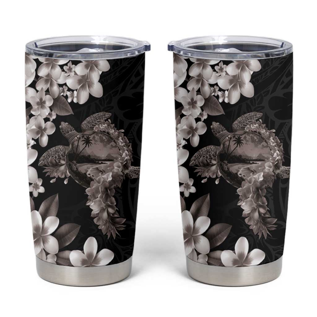 Hawaiian Lei Day Tumbler Cup Plumeria and Turtle with Polynesian Tribal Pattern Grayscale Color