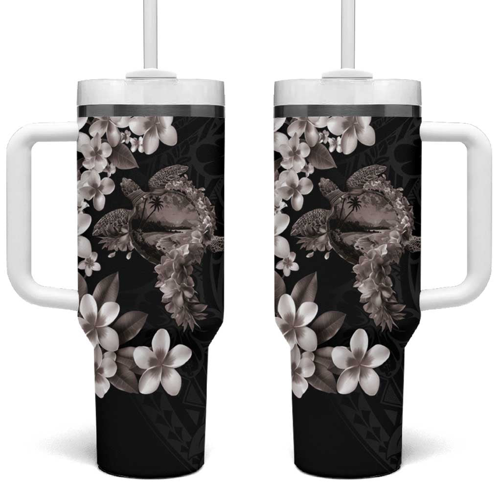 Hawaiian Lei Day Tumbler With Handle Plumeria and Turtle with Polynesian Tribal Pattern Grayscale Color