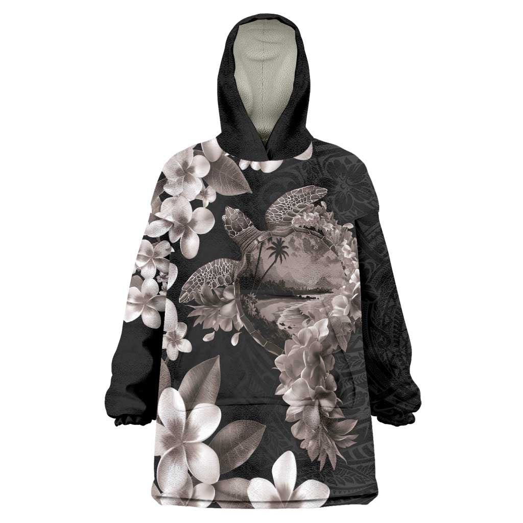 Hawaiian Lei Day Wearable Blanket Hoodie Plumeria and Turtle with Polynesian Tribal Pattern Grayscale Color