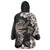 Hawaiian Lei Day Wearable Blanket Hoodie Plumeria and Turtle with Polynesian Tribal Pattern Grayscale Color