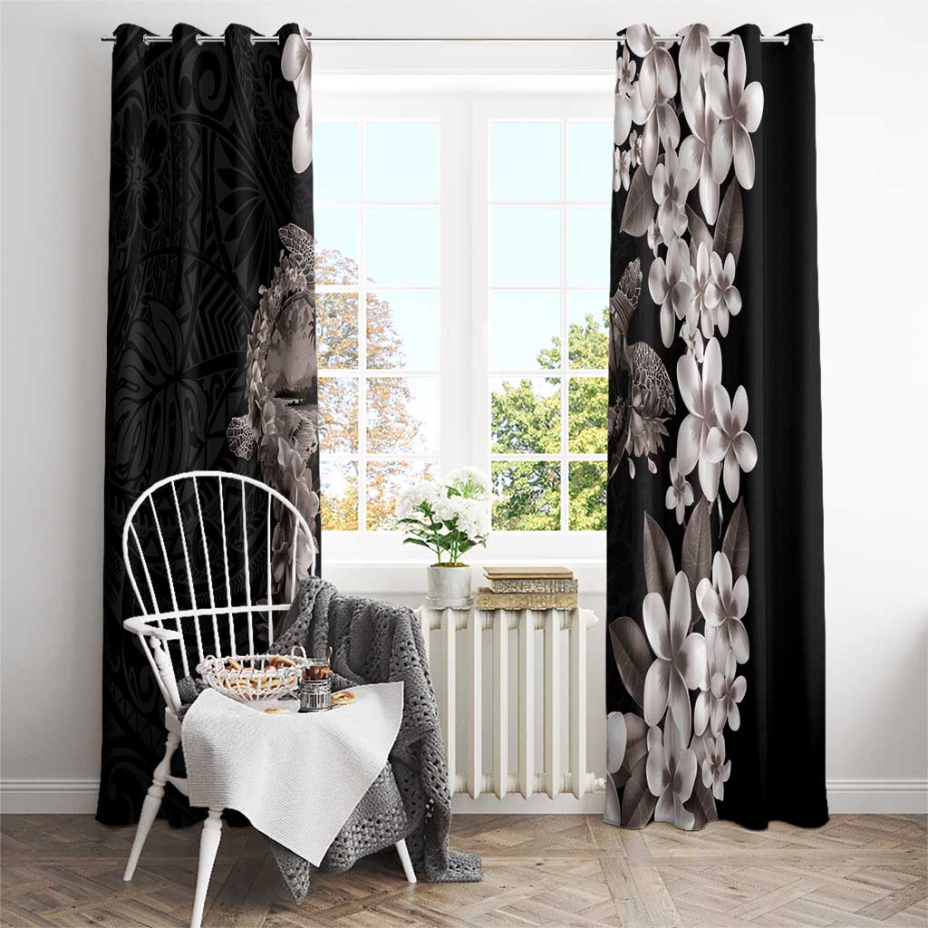 Hawaiian Lei Day Window Curtain Plumeria and Turtle with Polynesian Tribal Pattern Grayscale Color