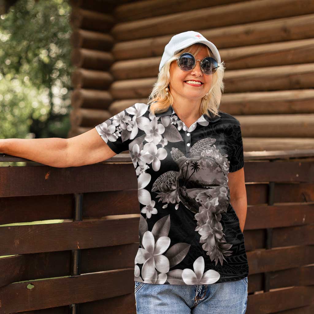 Hawaiian Lei Day Women Polo Shirt Plumeria and Turtle with Polynesian Tribal Pattern Grayscale Color