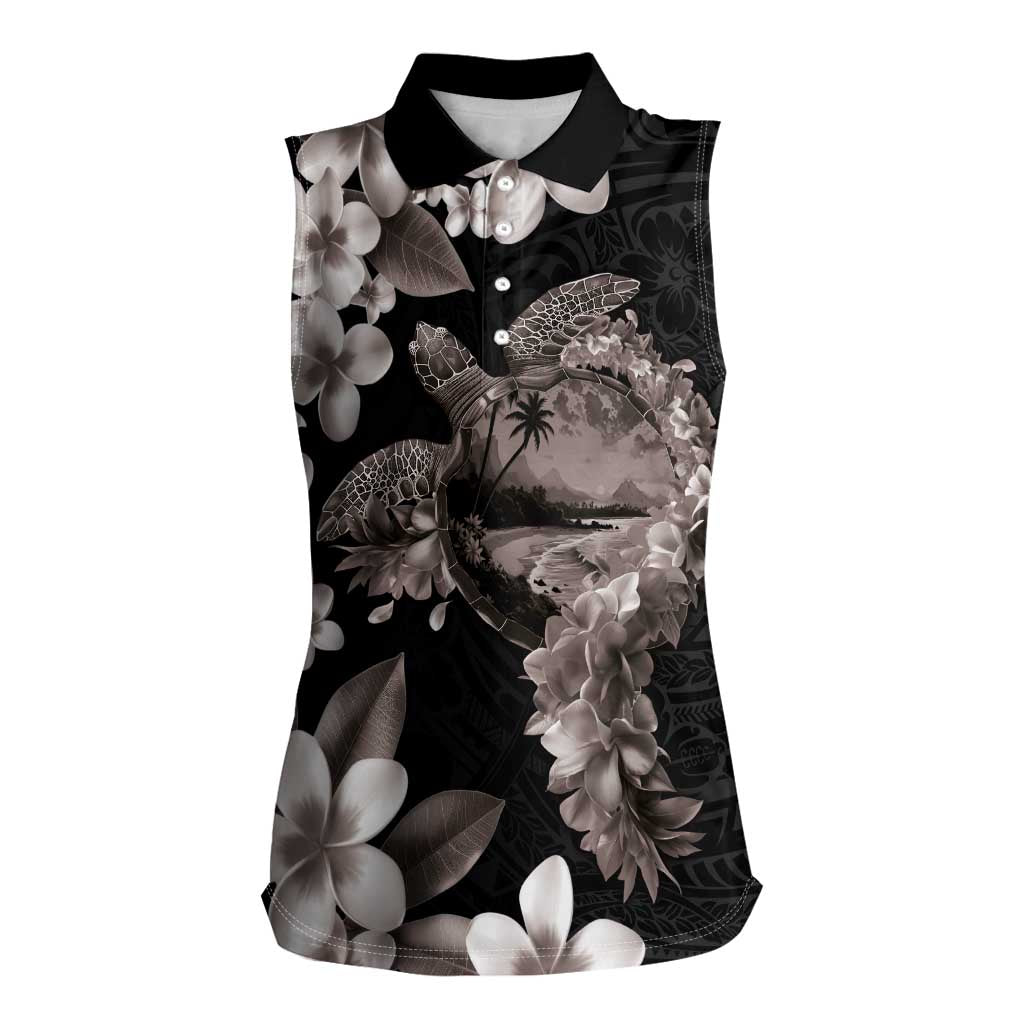 Hawaiian Lei Day Women Sleeveless Polo Shirt Plumeria and Turtle with Polynesian Tribal Pattern Grayscale Color