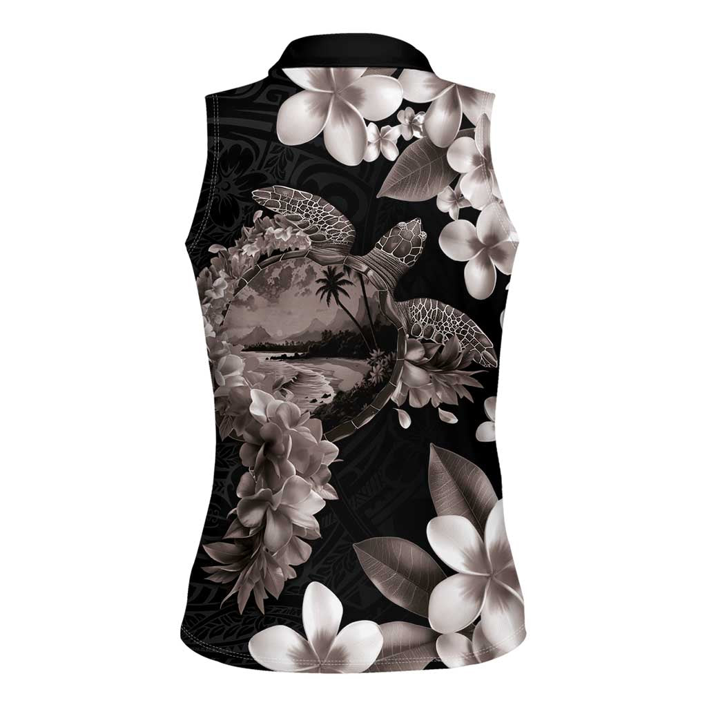Hawaiian Lei Day Women Sleeveless Polo Shirt Plumeria and Turtle with Polynesian Tribal Pattern Grayscale Color