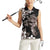 Hawaiian Lei Day Women Sleeveless Polo Shirt Plumeria and Turtle with Polynesian Tribal Pattern Grayscale Color