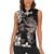 Hawaiian Lei Day Women Sleeveless Polo Shirt Plumeria and Turtle with Polynesian Tribal Pattern Grayscale Color