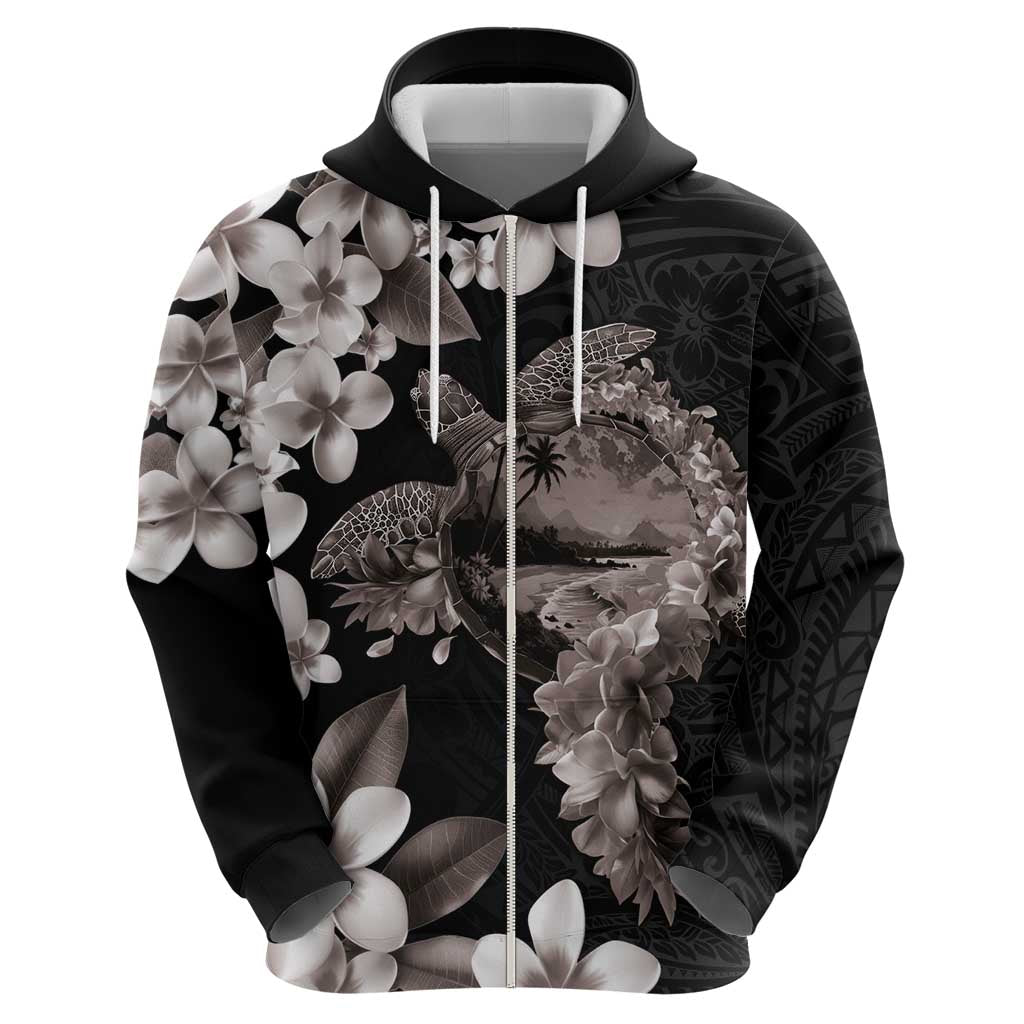 Hawaiian Lei Day Zip Hoodie Plumeria and Turtle with Polynesian Tribal Pattern Grayscale Color