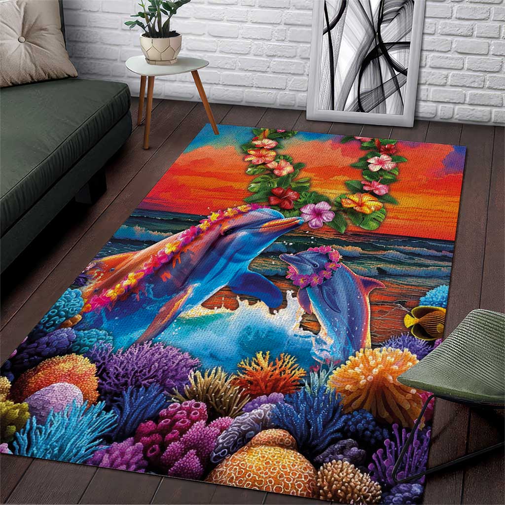 Hawaiian Lei Day Area Rug Dolphins with Colorful Corals and Romantic Sunset