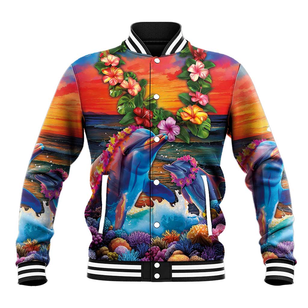 Hawaiian Lei Day Baseball Jacket Dolphins with Colorful Corals and Romantic Sunset