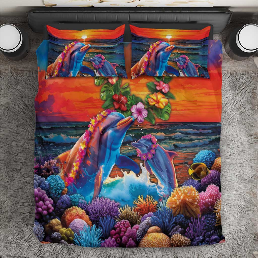 Hawaiian Lei Day Bedding Set Dolphins with Colorful Corals and Romantic Sunset