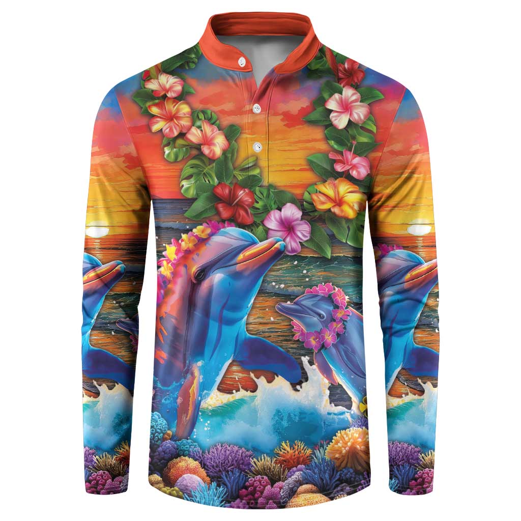 Hawaiian Lei Day Button Sweatshirt Dolphins with Colorful Corals and Romantic Sunset