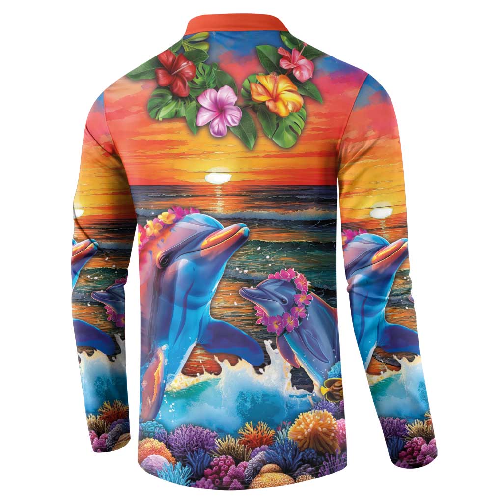 Hawaiian Lei Day Button Sweatshirt Dolphins with Colorful Corals and Romantic Sunset