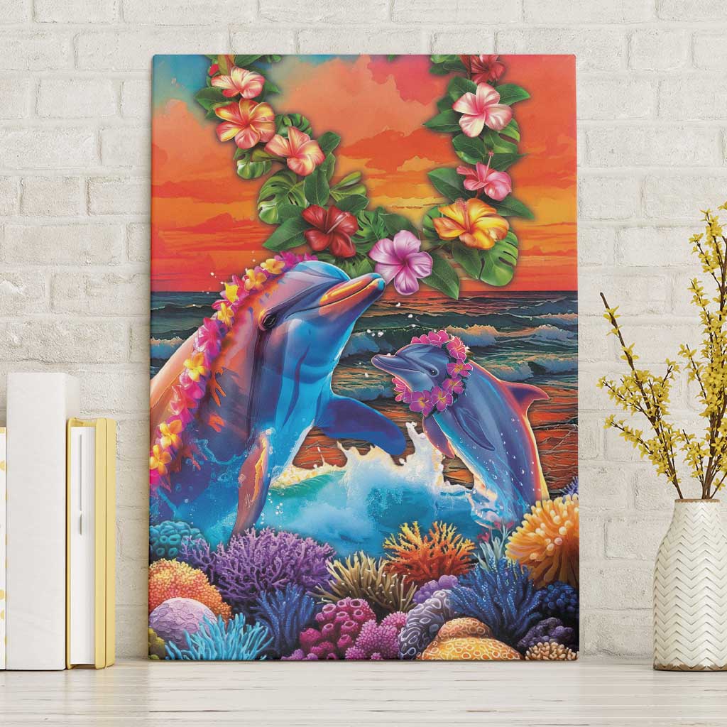 Hawaiian Lei Day Canvas Wall Art Dolphins with Colorful Corals and Romantic Sunset