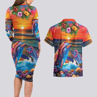 Hawaiian Lei Day Couples Matching Long Sleeve Bodycon Dress and Hawaiian Shirt Dolphins with Colorful Corals and Romantic Sunset