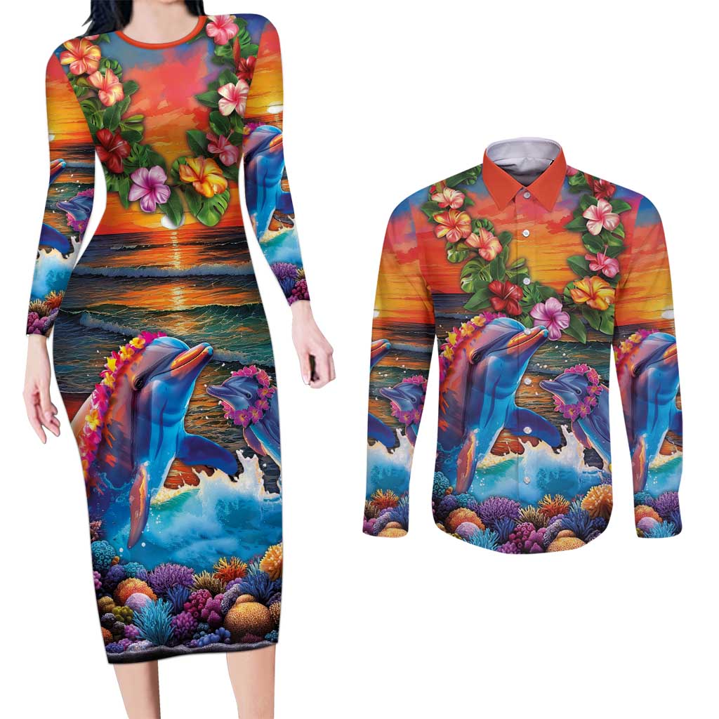 Hawaiian Lei Day Couples Matching Long Sleeve Bodycon Dress and Long Sleeve Button Shirt Dolphins with Colorful Corals and Romantic Sunset