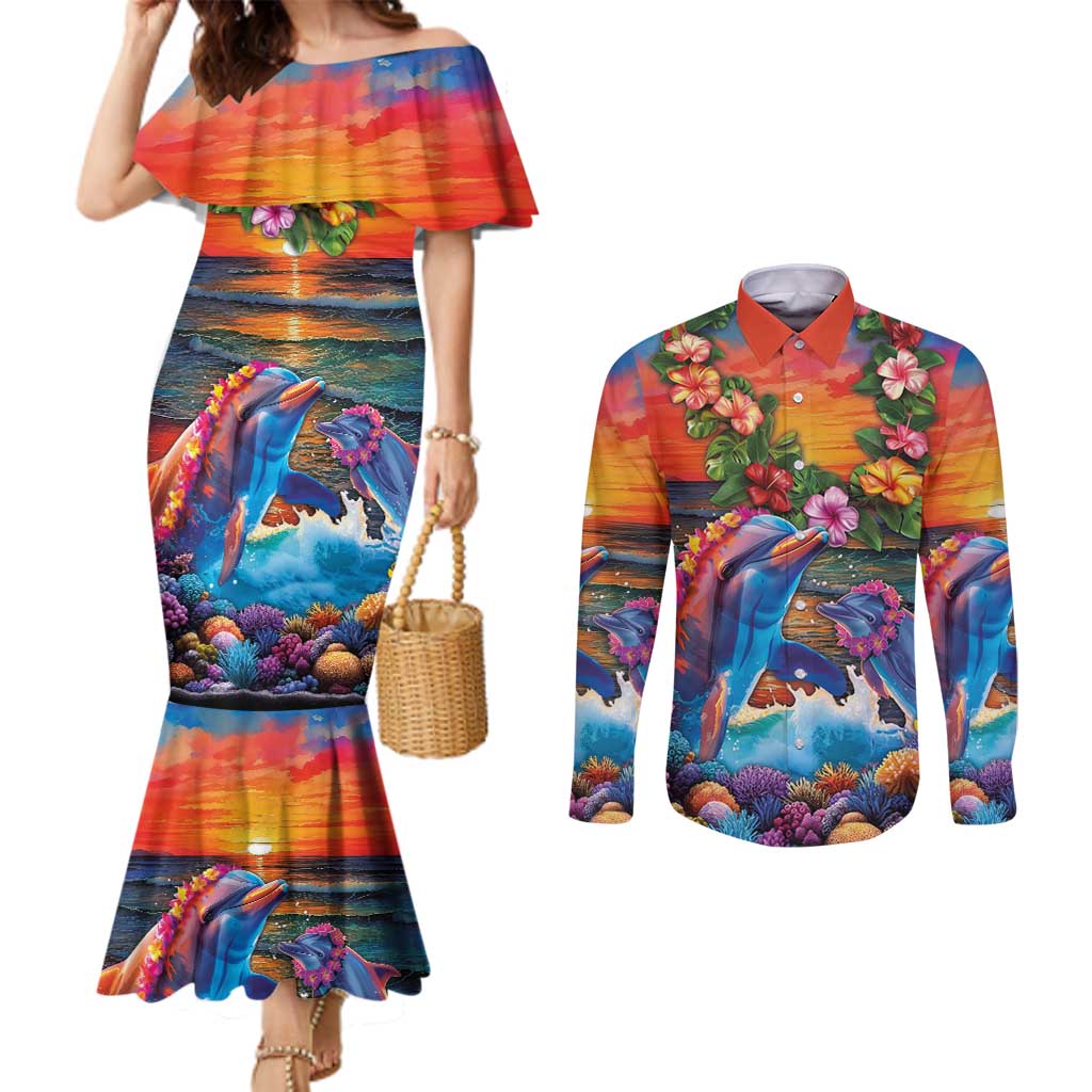 Hawaiian Lei Day Couples Matching Mermaid Dress and Long Sleeve Button Shirt Dolphins with Colorful Corals and Romantic Sunset