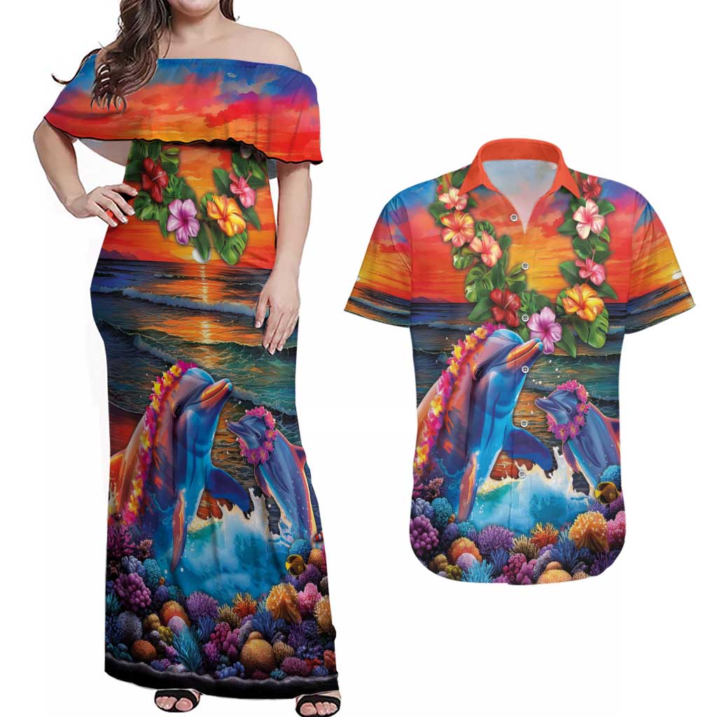 Hawaiian Lei Day Couples Matching Off Shoulder Maxi Dress and Hawaiian Shirt Dolphins with Colorful Corals and Romantic Sunset